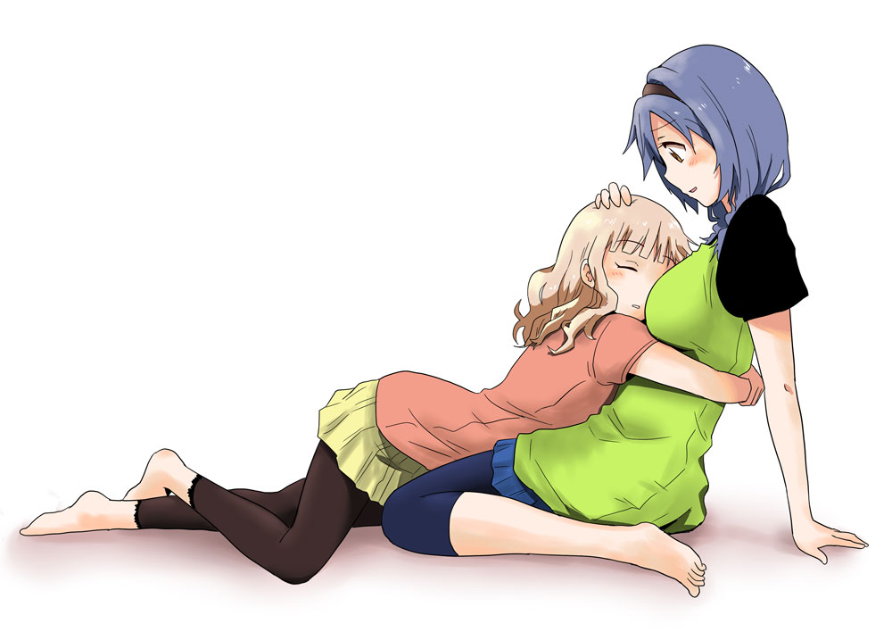 2girls, 7001, barefoot, blonde_hair, blue_hair, blue_skirt, braid, breast_pillow, breast_smother, breasts, casual, closed_eyes, face_to_breasts, female_focus, furutani_himawari, hairband, hand_on_another's_head, hug, large_breasts, leaning_back, leggings, miniskirt, multiple_girls, oomuro_sakurako, open_mouth, pants, pants_under_skirt, pleated_skirt, simple_background, sitting, skirt, toes, twin_braids, wariza, white_background, yellow_skirt, yuri, yuruyuri