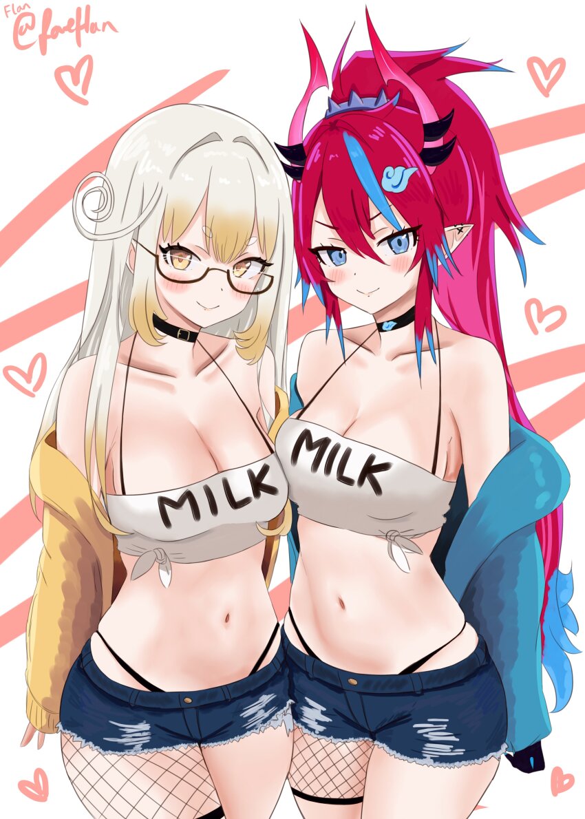 2girls, :>, absurdres, alternate_costume, black_choker, blonde_hair, blue_hair, blue_jacket