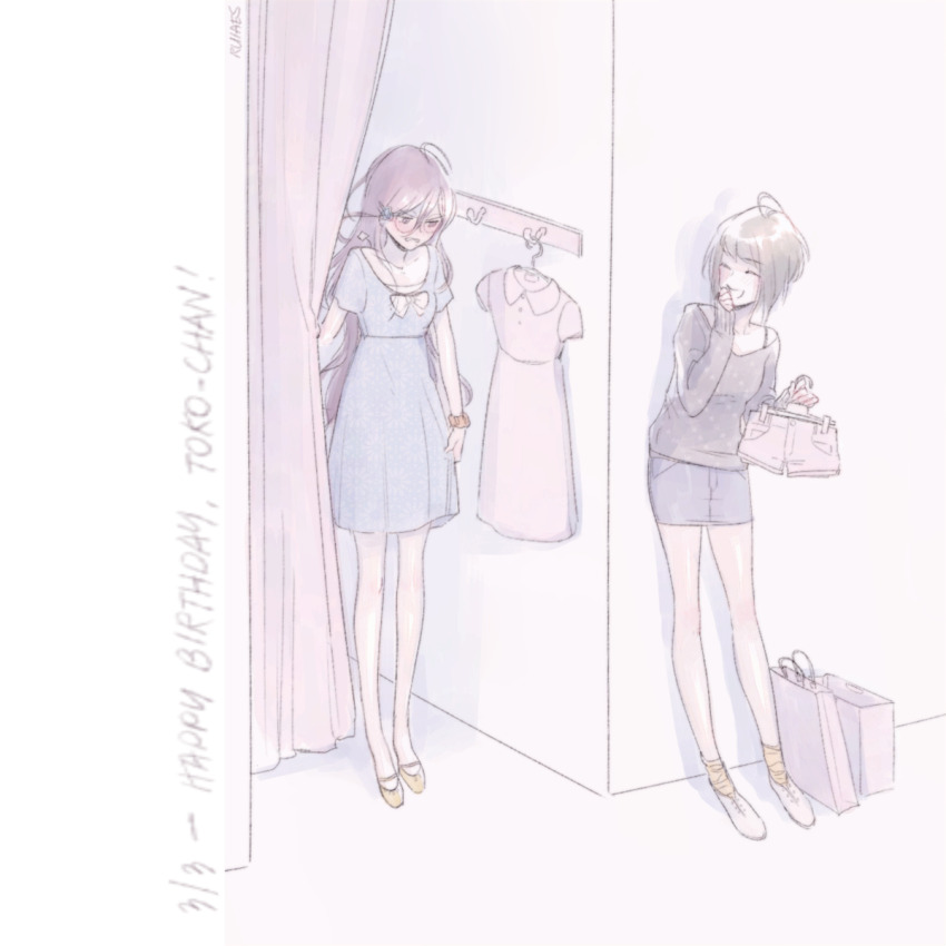 2girls, ahoge, alternate_costume, bag, blue_dress, blush, bow, character_name