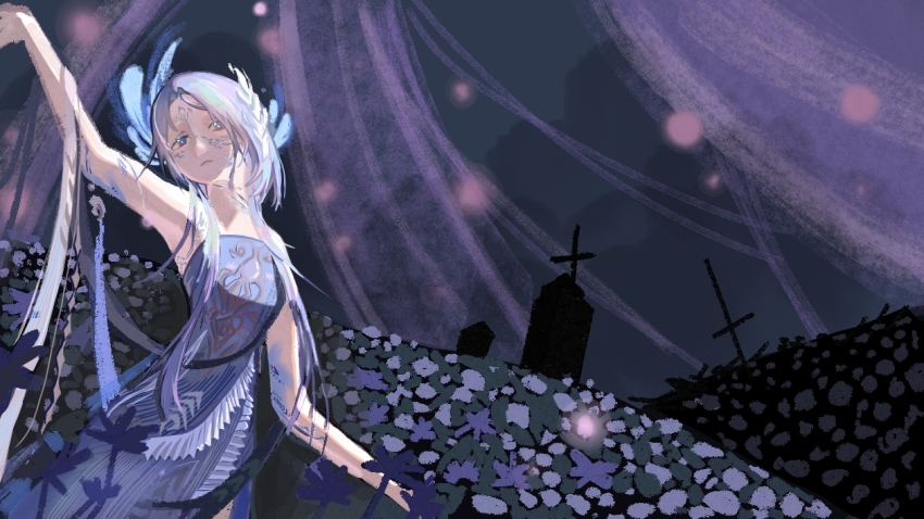 1girl, arm_up, bare_arms, bare_shoulders, blue_dress, blue_eyes, blue_scales, born_flawless_(infinity_nikki), chinese_commentary, closed_mouth, commentary_request, cowboy_shot, dress, expressionless, facepaint, feather_hair_ornament, feathers, fireflies, flower, frilled_dress, frills, frown, grey_hair, hair_ornament, head_tilt, hill, infinity_nikki, lips, long_dress, long_hair, long_sidelocks, night, nikki_(series), outdoors, purple_flower, side_slit, sidelocks, solo, strapless, strapless_dress, tree, very_long_hair, zhanglizhuanxieyang