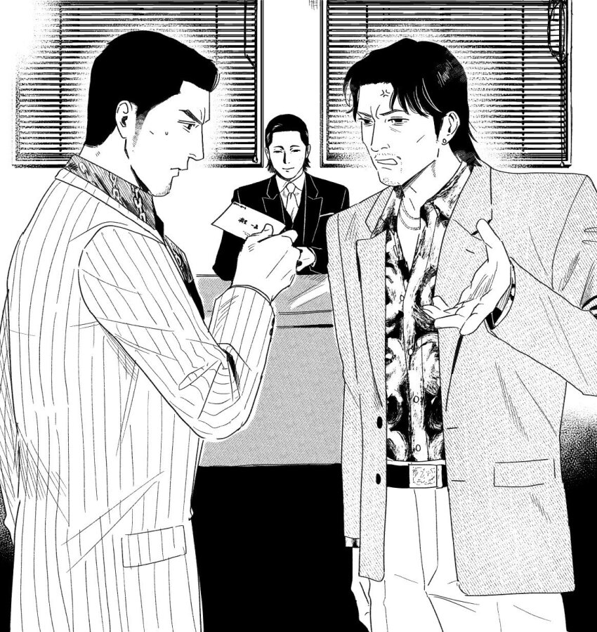 3boys, anger_vein, business_card, chain_print, commentary_request, desk, earrings, facial_hair