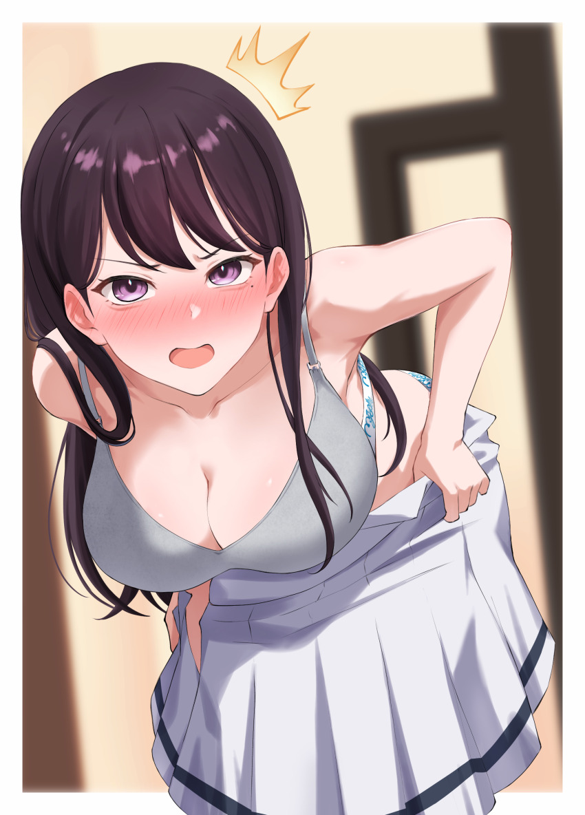 1girl, absurdres, aegyo_sal, bang_dream!, bang_dream!_it's_mygo!!!!!, blush, border, bra, breasts, cleavage, commentary, ear_blush, english_commentary, grey_bra, hanasakigawa_school_uniform, highres, large_breasts, looking_at_viewer, miyamu, mole, mole_under_eye, mygo!!!!!_logo_(bang_dream!), open_mouth, panties, partially_undressed, pleated_skirt, purple_eyes, school_uniform, shiina_taki, skirt, solo, underwear, white_border, white_skirt