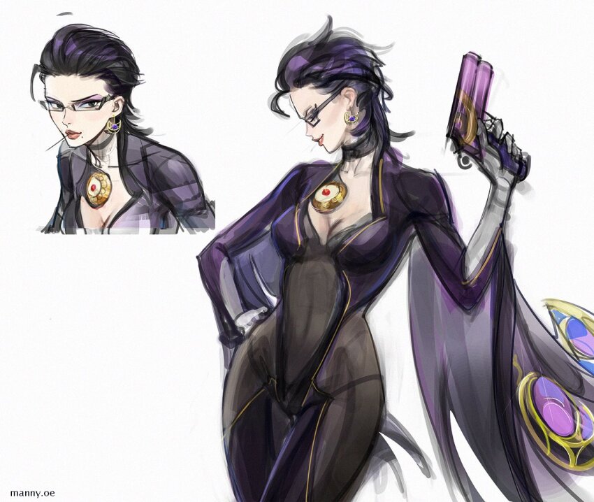 1girl, alternate_hairstyle, bayonetta, bayonetta_(series), black_choker, black_hair, bodysuit, breasts