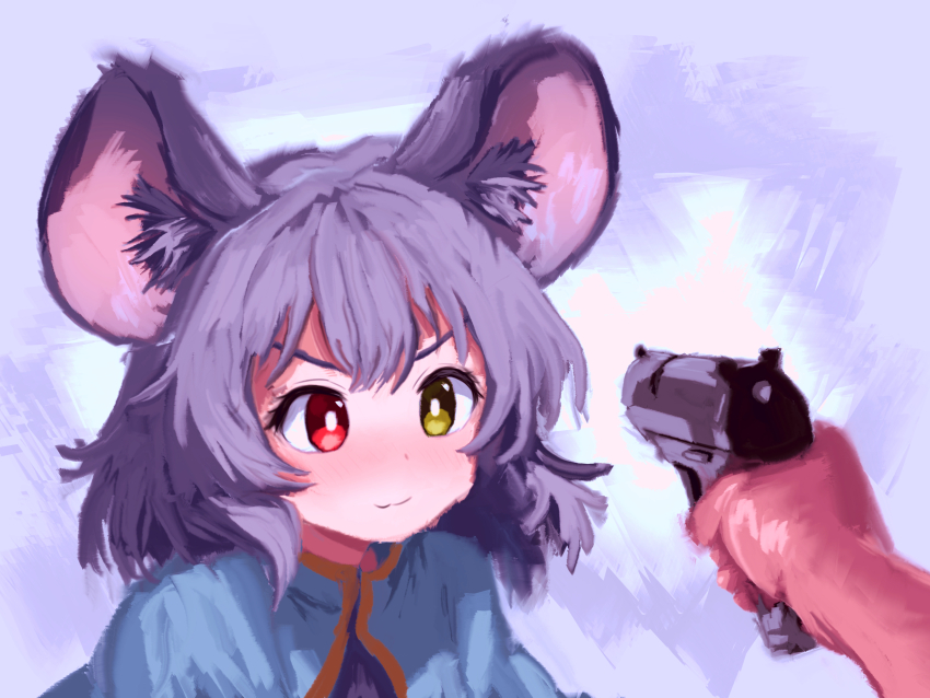 1girl, absurdres, animal_ear_fluff, animal_ears, at_gunpoint, blue_capelet, blush, capelet