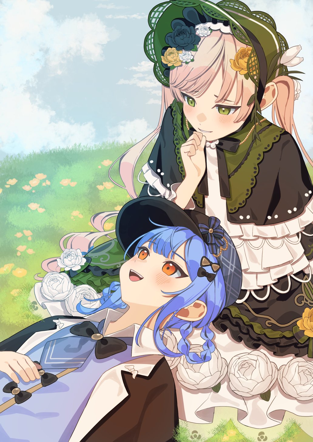 2girls, 55szt, :d, black_capelet, black_flower, black_hat, black_rose, blonde_hair