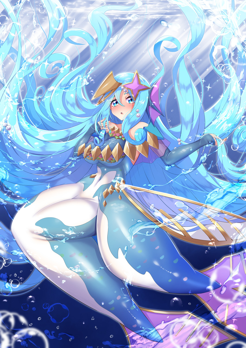 1girl, absurdres, air_bubble, amabie_(yu-gi-oh!), amabie_(yu-gi-oh!)_(cosplay), aqua_eyes, aqua_hair, ashikoshi_jakushi