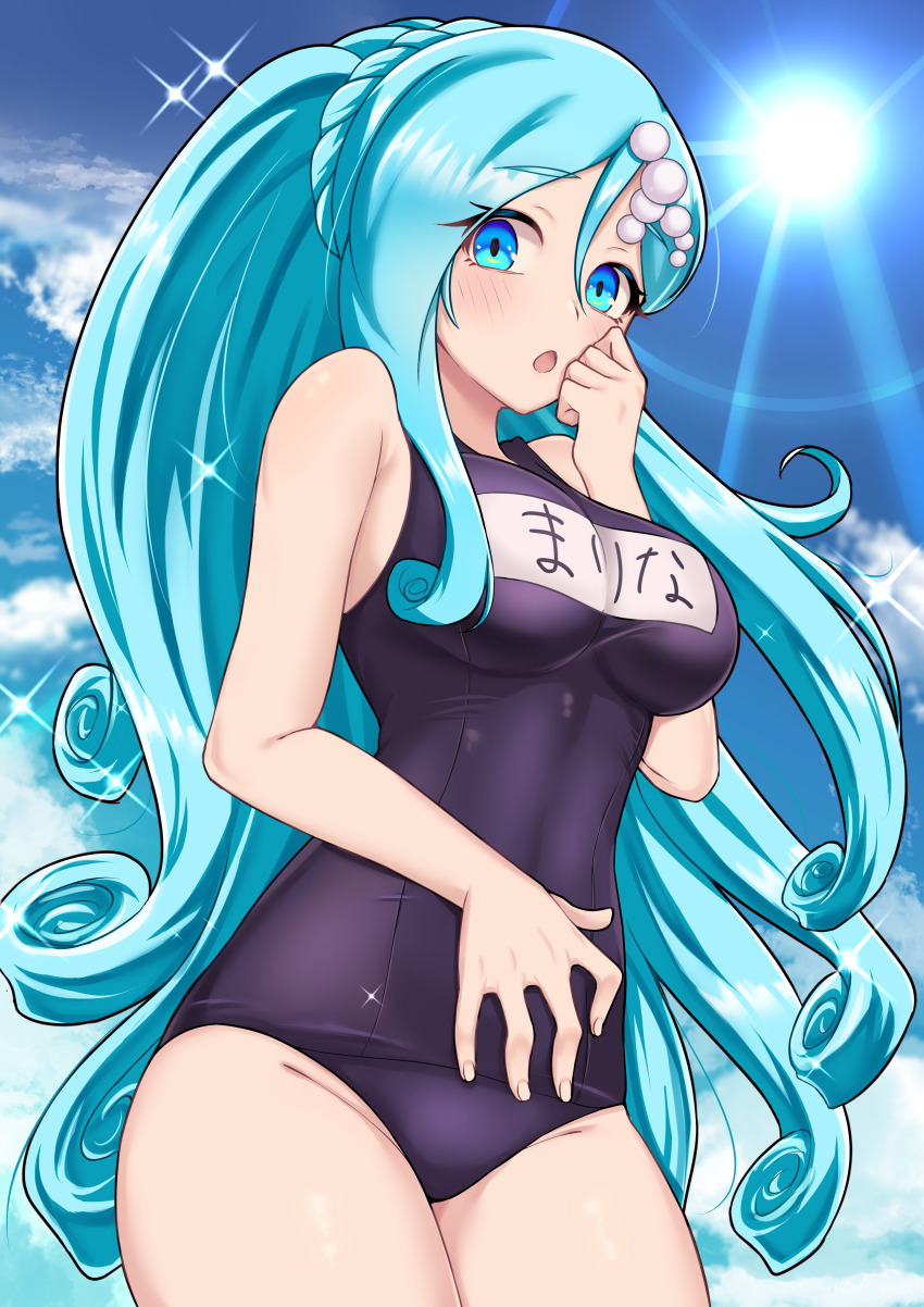 1girl, absurdres, aqua_hair, awase_marina, blue_eyes, blue_sky, braid, breasts