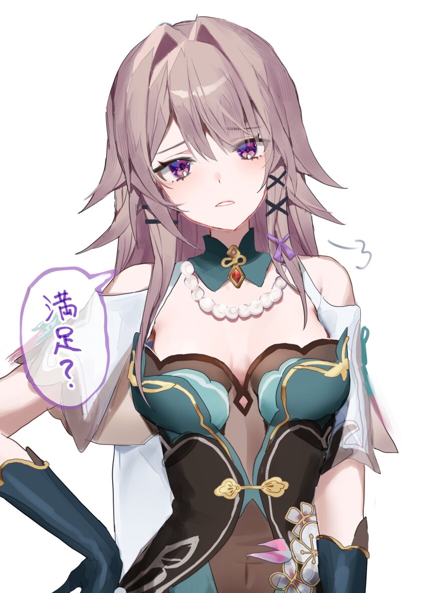 1girl, bead_necklace, beads, breasts, brown_hair, cafe_(cafue_cafe01), chinese_clothes, clothing_cutout