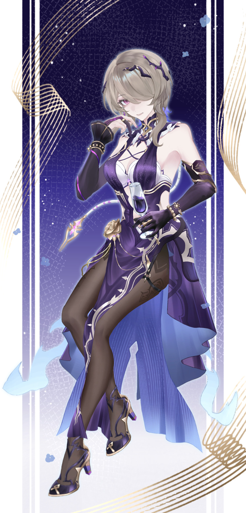 1girl, absurdres, black_gloves, black_pantyhose, breasts, brown_hair, chinese_commentary, cleavage, commentary_request, dress, gloves, high_heels, highres, honkai_(series), honkai_impact_3rd, large_breasts, lin_yu_jin, mole, mole_under_eye, pantyhose, partially_fingerless_gloves, purple_dress, purple_eyes, rita_rossweisse, rita_rossweisse_(miss_espionage), short_hair, solo