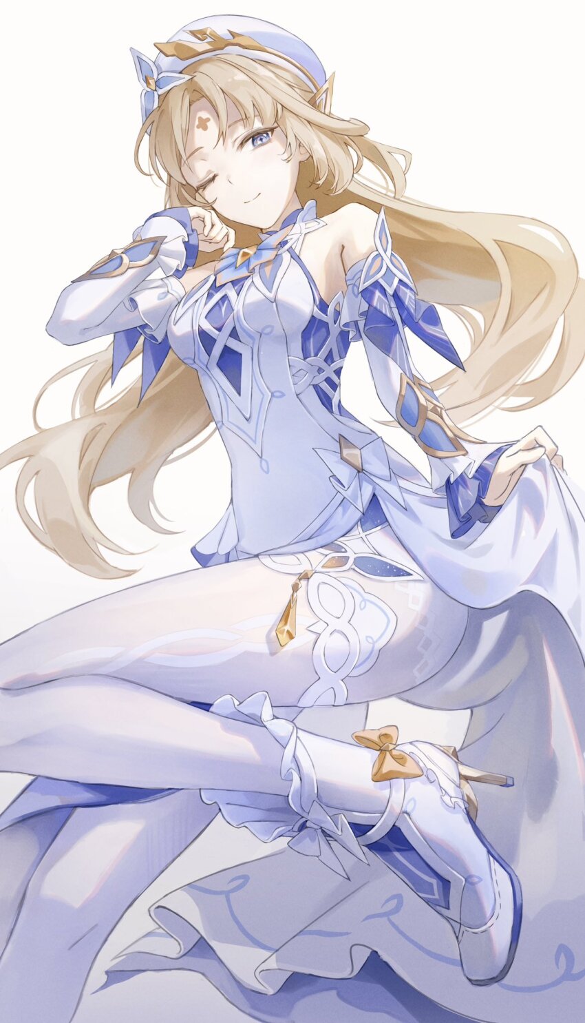 1girl, bare_shoulders, blonde_hair, blue_eyes, boots, closed_mouth, commentary_request, detached_sleeves