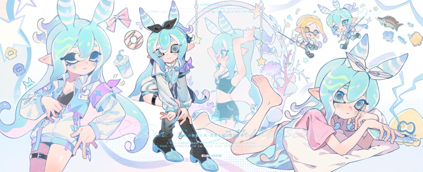 2girls, absurdres, barefoot, black_boots, black_bow, black_bra, black_shorts, blue_eyes