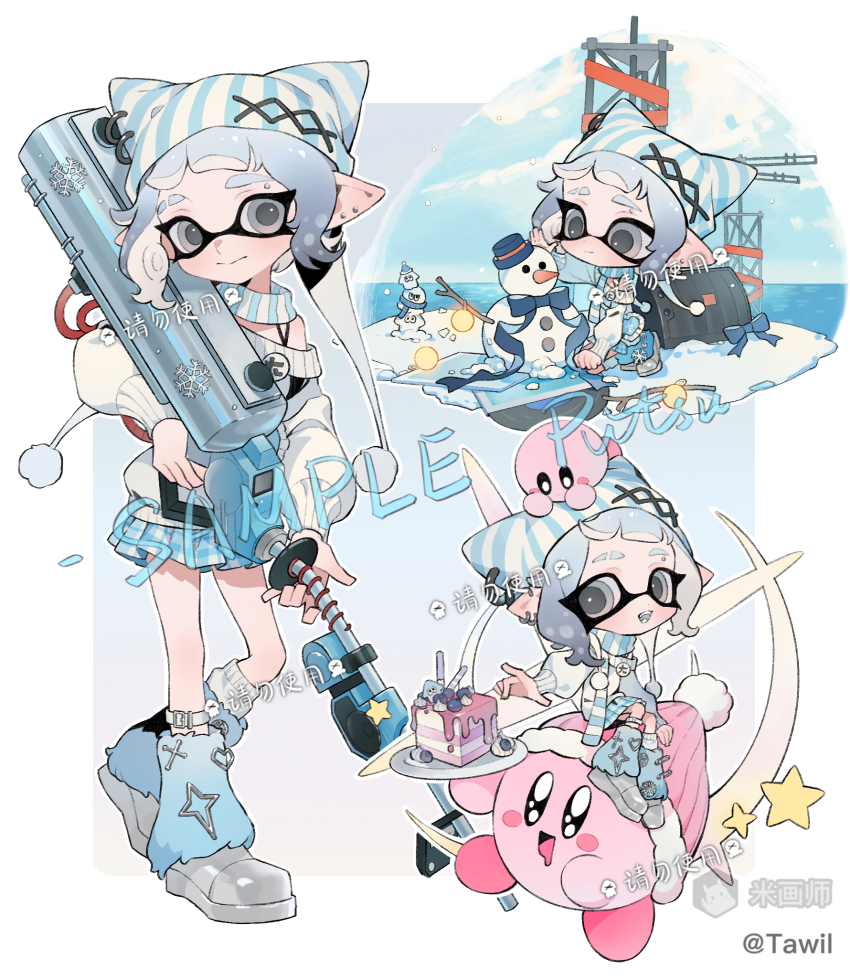 1girl, animal_ear_headwear, beanie, blue_hair, blue_hat, blue_leg_warmers, blue_scarf, blue_skirt