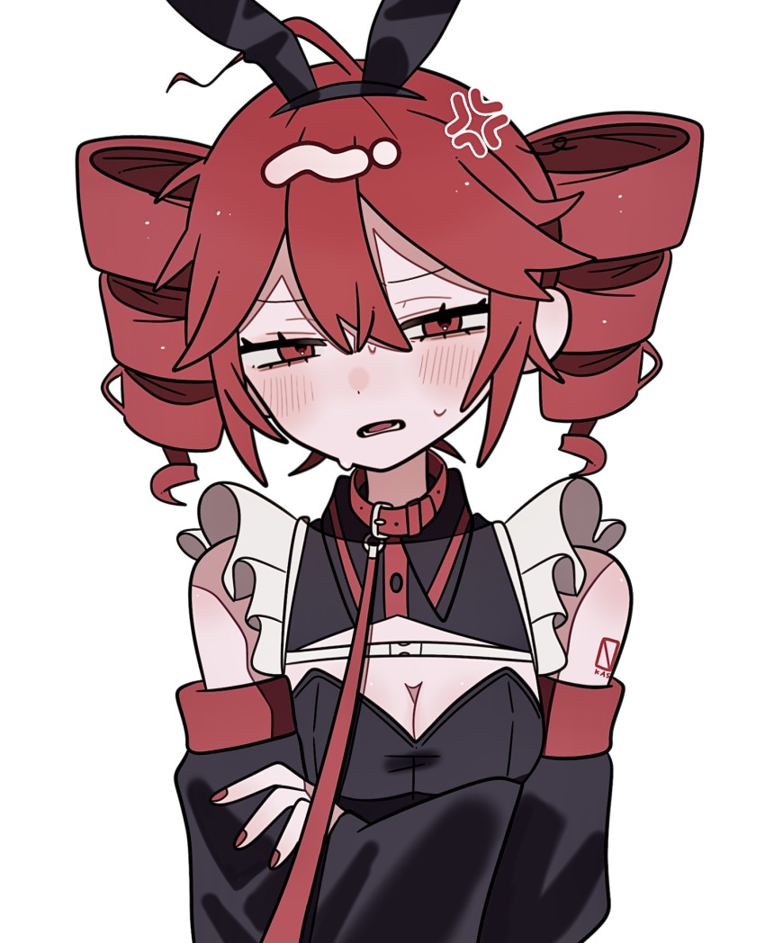 1girl, ahoge, anger_vein, animal_ear_hairband, animal_ears, apron, bare_shoulders, black_hairband