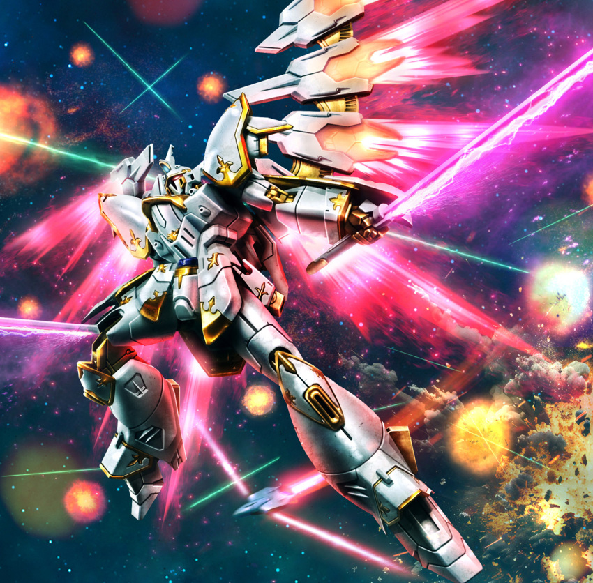 bit_(gundam), cal-re.a, commentary_request, dual_wielding, energy_sword, energy_wings, explosion, funnels_(gundam)
