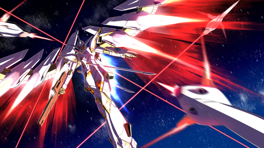 beam_rifle, bit_(gundam), cal-re.a, commentary_request, energy_gun, energy_wings, funnels_(gundam), gun, gundam, gundam_seed, gundam_seed_freedom, highres, holding, holding_gun, holding_weapon, mecha, mechanical_wings, mobile_suit, no_humans, robot, science_fiction, solo, soma_0x00, space, thrusters, v-fin, weapon, wings