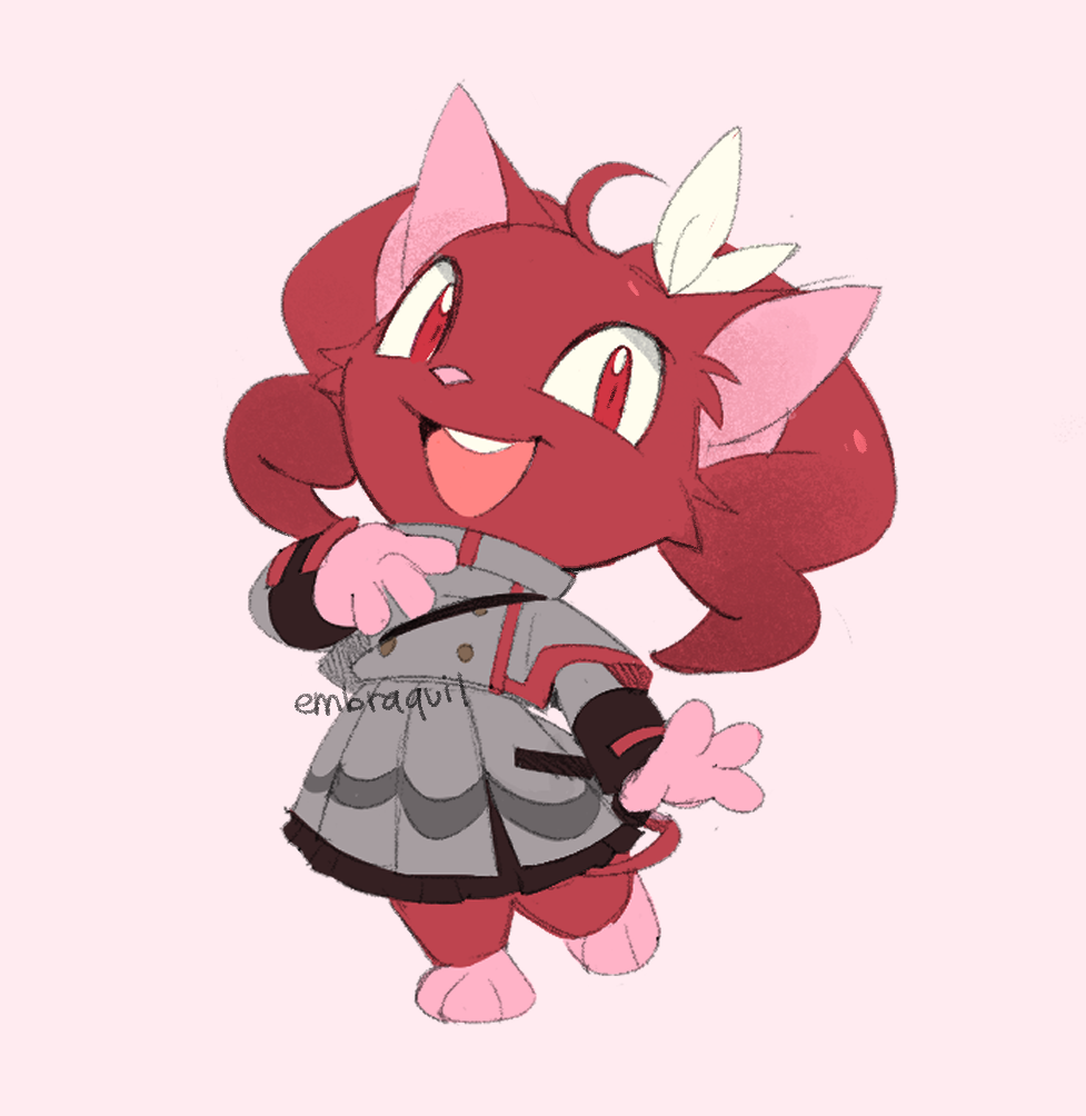 1girl, acara, ahoge, animal_ears, animal_nose, artist_name, commentary, drill_hair, embraquil, english_commentary, full_body, furrification, furry, furry_female, grey_jacket, grey_skirt, hair_ribbon, jacket, kasane_teto, kasane_teto_(sv), neopet_(creature), neopets, open_mouth, red_eyes, red_fur, red_hair, ribbon, simple_background, skirt, smile, solo, standing, synthesizer_v, twin_drills, utau, watermark