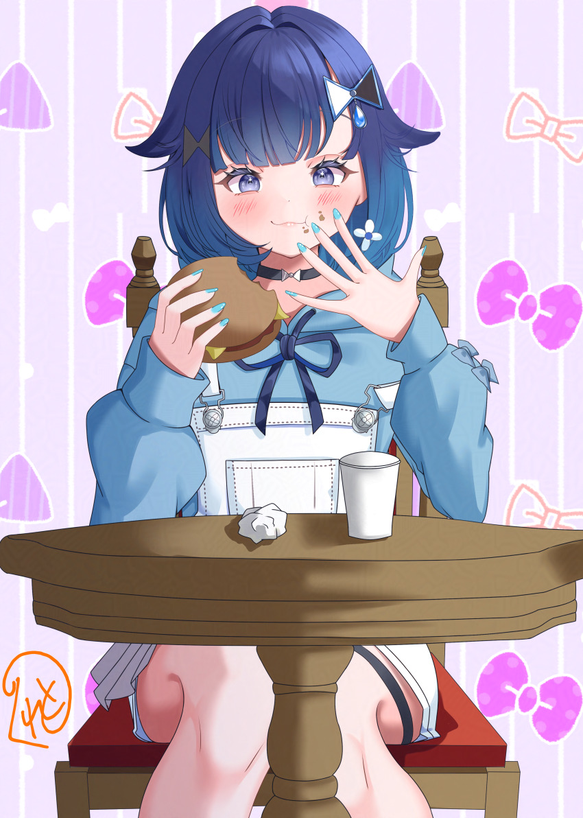 1girl, absurdres, aqua_hoodie, aqua_nails, blue_hair, blush, bow, burger