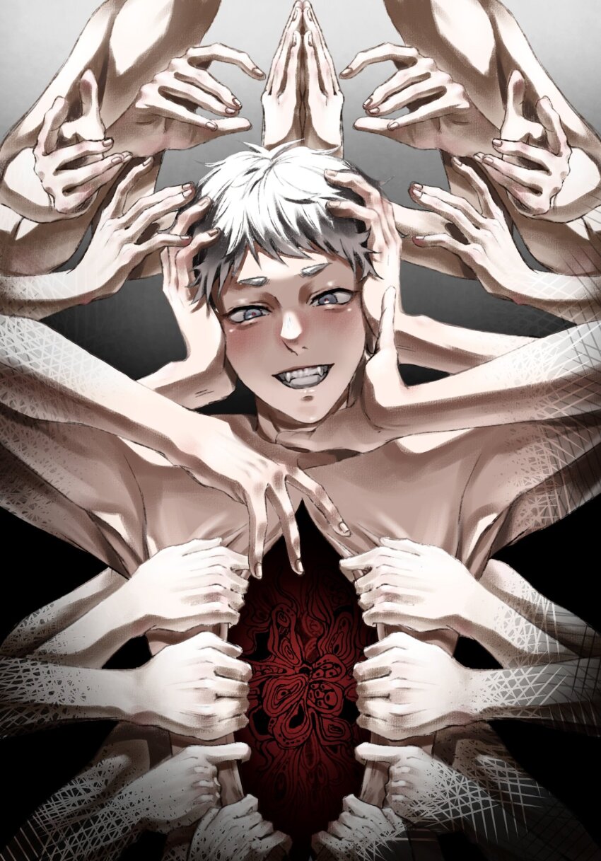 1boy, body_horror, commentary_request, deep_wound, extra_arms, highres, hikaru_ga_shinda_natsu, indou_hikaru, injury, looking_at_viewer, male_focus, mam_memi, no_organs, nude, short_eyebrows, short_hair, skin_pull, smile, teeth, upper_body, white_hair