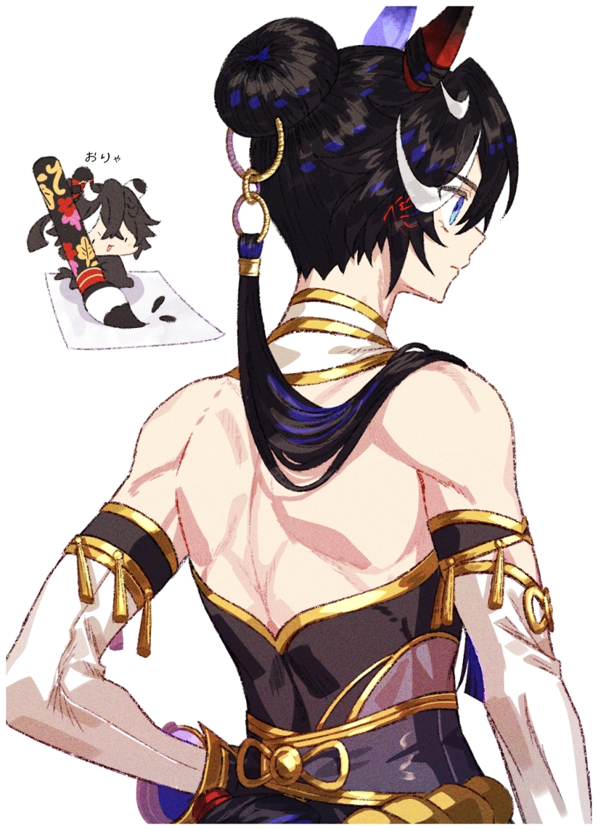 1girl, animal_ears, back, backless_shirt, bare_shoulders, black_hair, blue_eyes, calligraphy_brush