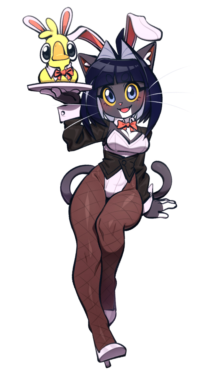 1girl, absurdres, animal_ears, bilingual_commentary, bird, black_coat, black_fur, black_hair, blue_eyes, blush, bob_cut, breasts, cat_ears, cat_girl, cat_tail, chinese_commentary, cleavage, coat, colored_sclera, commentary_request, duck, fake_animal_ears, fang, fishnet_pantyhose, fishnets, furry, furry_female, hair_intakes, highres, holding, holding_tray, leotard, lilia_(xuao2000), looking_at_viewer, mixed-language_commentary, nontraditional_playboy_bunny, open_mouth, original, pantyhose, playboy_bunny, rabbit_ears, shoes, short_hair, simple_background, smile, solo, tail, thick_eyelashes, tray, whiskers, white_background, white_leotard, white_shoes, xuao2000, yellow_sclera