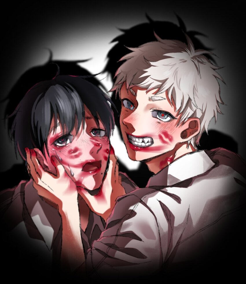 1boy, after_kiss, black_hair, blush, collared_shirt, commentary, grey_eyes, grin, hands_on_another's_face, heart, heart-shaped_pupils, highres, hikaru_ga_shinda_natsu, indou_hikaru, lipstick_mark, lipstick_mark_on_face, looking_at_another, looking_at_viewer, male_focus, mam_memi, mole, mole_on_cheek, mole_under_eye, mole_under_mouth, multiple_moles, red_lips, red_pupils, shadow, shirt, short_eyebrows, short_hair, short_sleeves, smile, solo, spotlight, untranslatable_commentary, symbol-shaped_pupils, tsujinaka_yoshiki, white_hair, white_shirt, yaoi