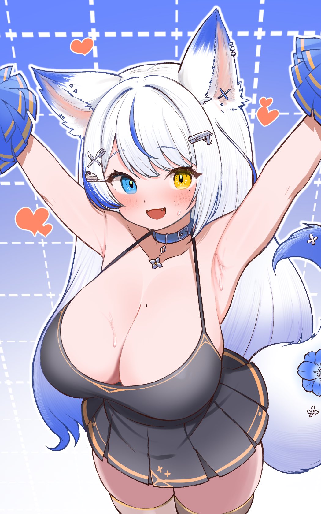 1girl, :d, animal_ear_fluff, animal_ear_piercing, animal_ears, armpits, arms_up, asymmetrical_hair