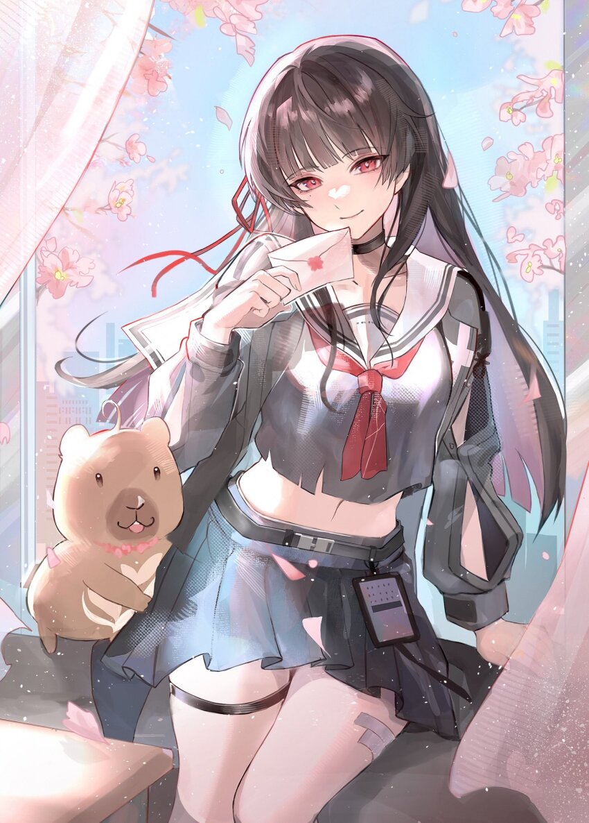 1girl, arm_cutout, black_choker, black_hair, black_jacket, black_serafuku, black_shirt, black_skirt, cherry_blossoms, chisa_(wuthering_waves), choker, closed_mouth, clothing_cutout, commentary, envelope, falling_petals, hair_ribbon, highres, holding, holding_envelope, jacket, long_hair, mewutd, mole, mole_under_eye, namipon_(wuthering_waves), neckerchief, petals, pink_petals, red_eyes, red_neckerchief, red_ribbon, ribbon, sailor_collar, school_uniform, serafuku, shirt, skirt, white_sailor_collar, wuthering_waves