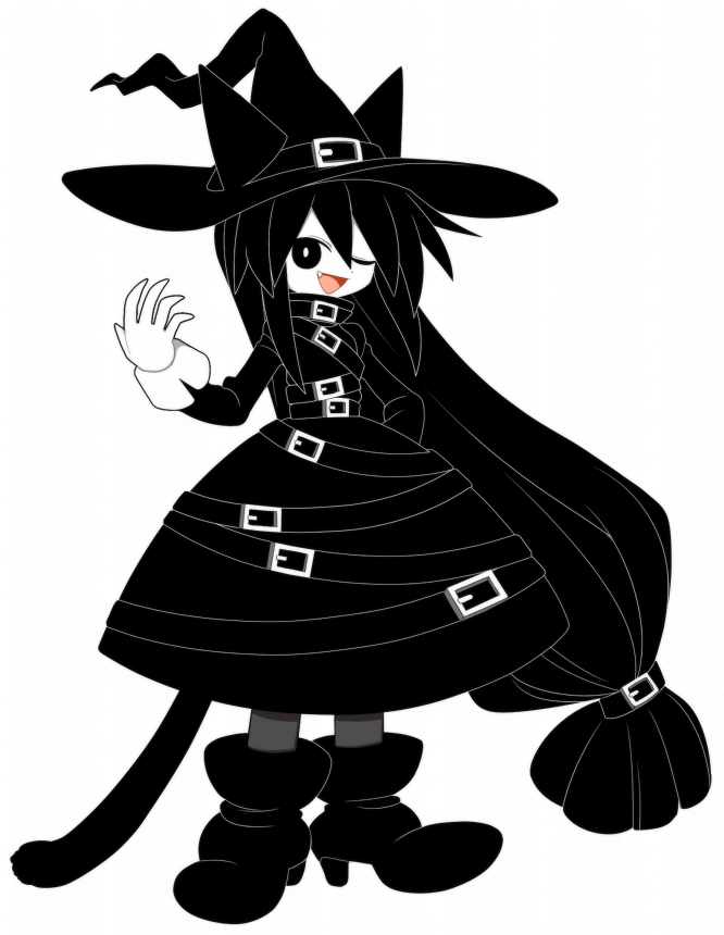 1girl, black_dress, black_eyes, black_hair, black_hat, black_tail, boots, bright_pupils