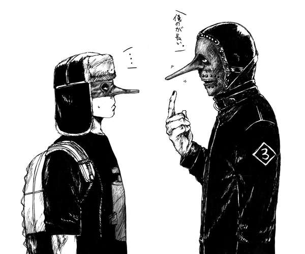 2boys, bad_id, bad_pixiv_id, chris_fehn, dorohedoro, fujita_(dorohedoro), greyscale, hat, male_focus, mask, monochrome, multiple_boys, ryuuichirou_(haineken), simple_background, slipknot, trait_connection, upper_body, white_background