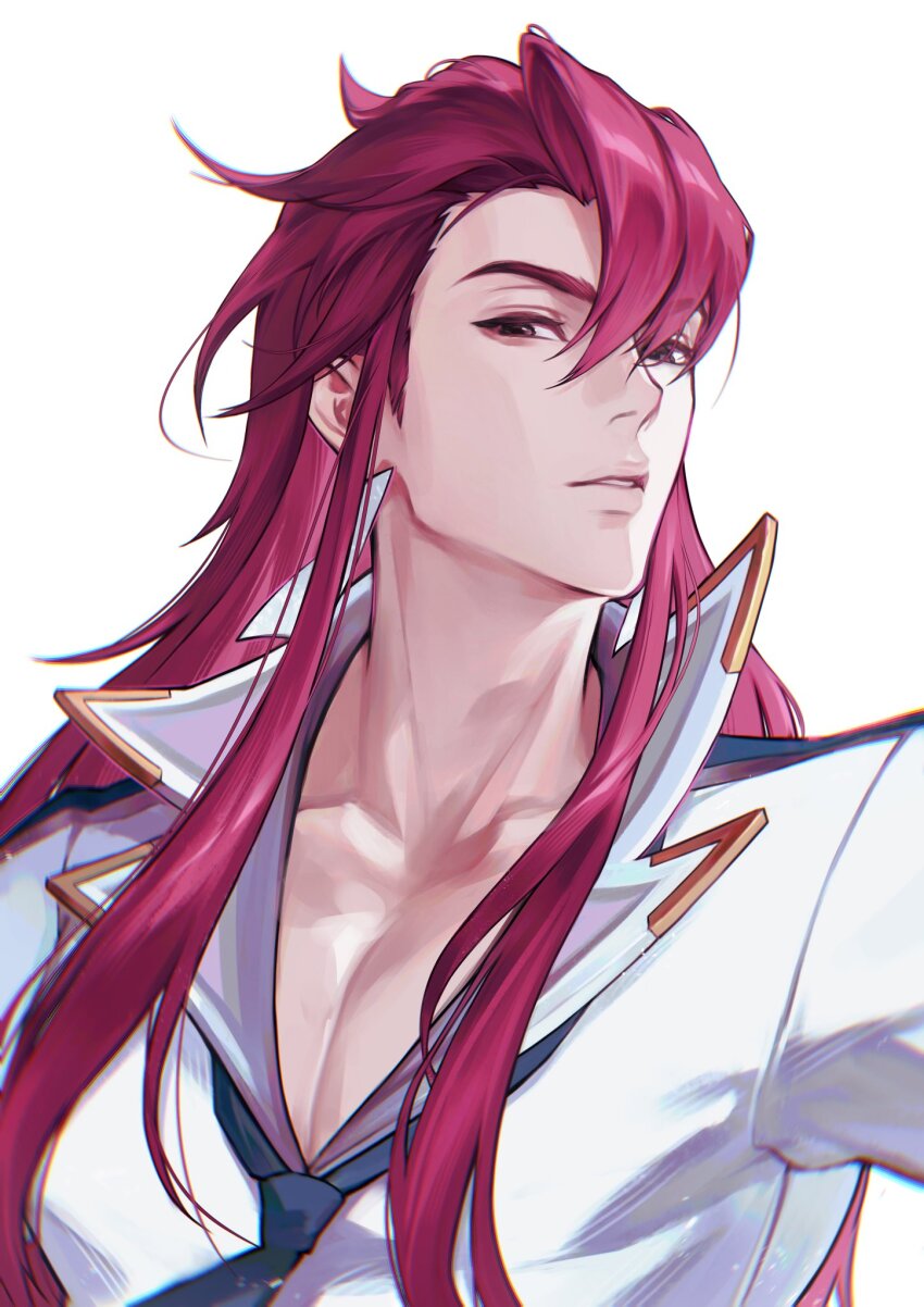 1boy, battle_academia_yone, bh495, blue_necktie, collarbone, collared_shirt, hashtag-only_commentary, highres, league_of_legends, long_hair, looking_at_viewer, male_focus, necktie, official_alternate_costume, open_collar, parted_lips, pectoral_cleavage, pectorals, red_hair, shirt, simple_background, solo, upper_body, very_long_hair, white_background, white_shirt, yone_(league_of_legends)