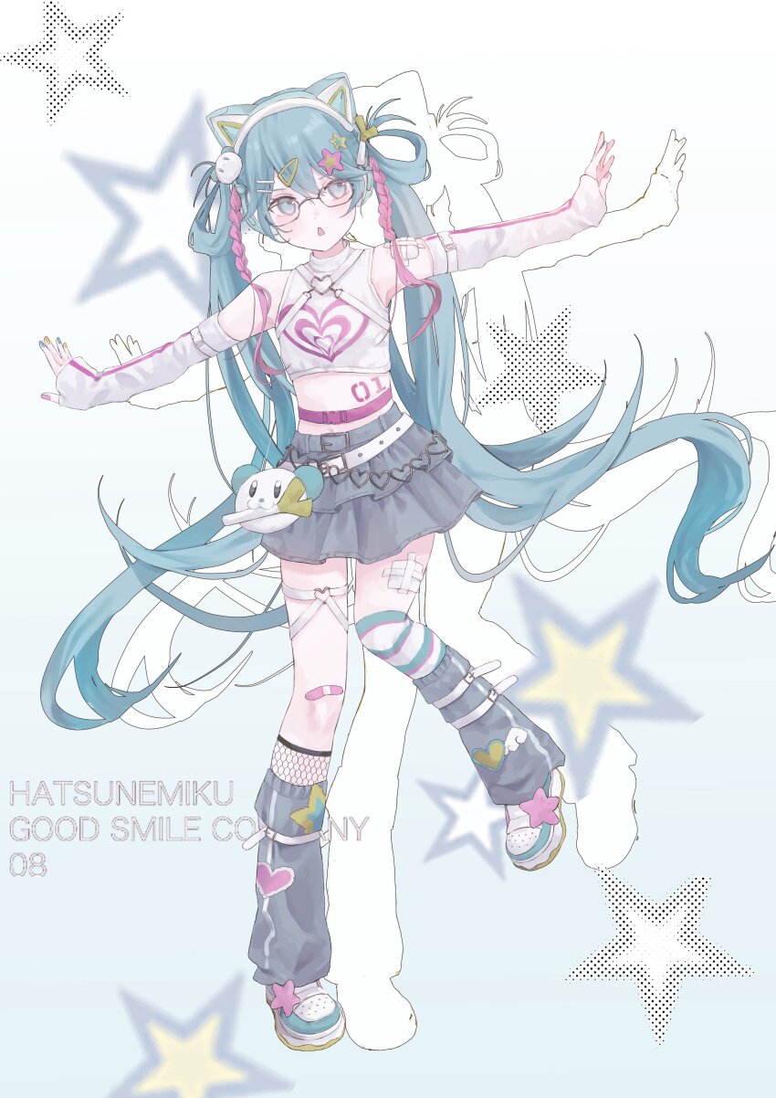 1girl, absurdres, alternate_costume, animal_ear_headphones, animal_ears, arm_warmers, belt, blue_eyes