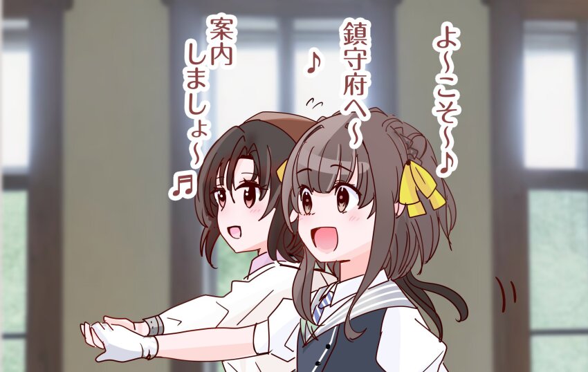 2girls, apron, bandana, black_hair, blue_dress, brown_bandana, brown_eyes, brown_hair