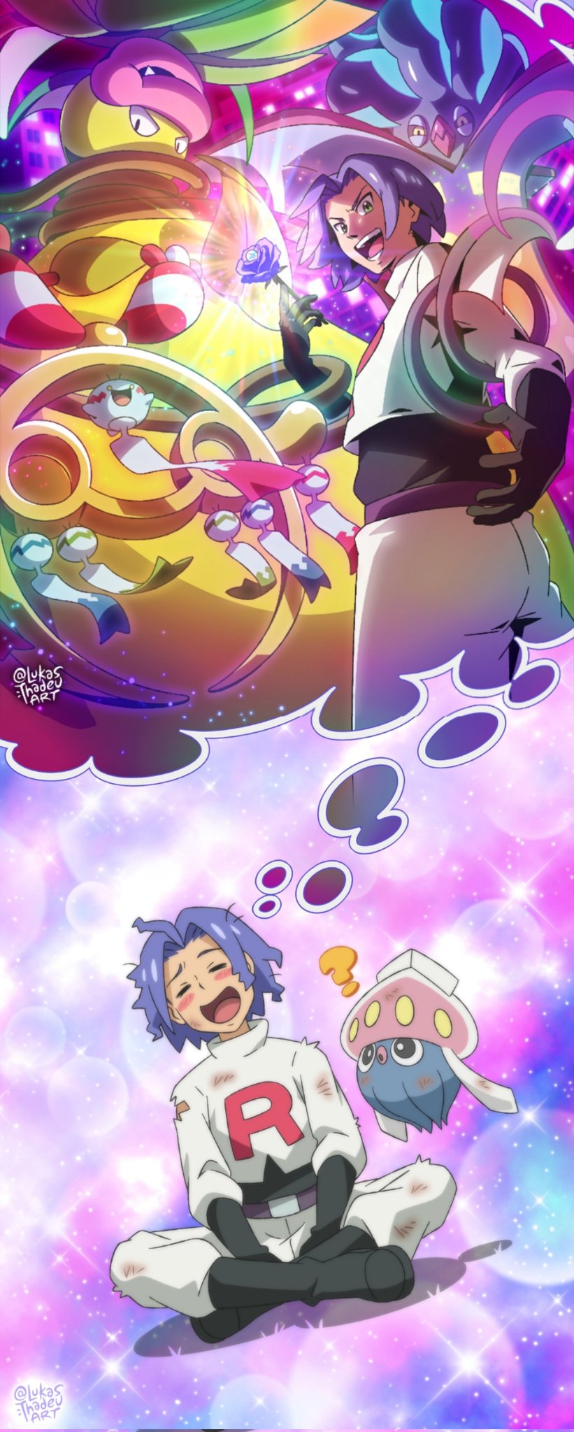 black_gloves, blue_flower, blue_rose, blush, boots, chimecho, closed_eyes, commentary, dreaming, english_commentary, flower, gen_1_pokemon, gen_3_pokemon, gen_6_pokemon, gloves, happy, highres, inkay, james_(pokemon), lukas_thadeu, malamar, mega_chimecho, mega_malamar, mega_pokemon, mega_victreebel, nintendo, open_mouth, pokemon, pokemon_(anime), pokemon_(classic_anime), pokemon_(creature), pokemon_legends:_z-a, rose, sitting, sparkle_background, team_rocket, team_rocket_uniform, victreebel