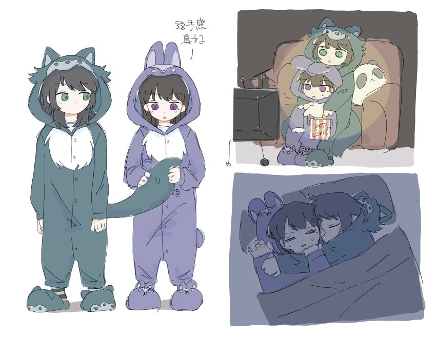 2girls, animal_costume, bang_dream!, bang_dream!_it's_mygo!!!!!, black_hair, blush, brown_hair, commentary_request, couch, cuddling, food, green_eyes, green_sleeves, highres, kuang_quanshui, mole, mole_under_eye, multiple_girls, onesie, open_mouth, popcorn, purple_eyes, purple_slippers, rabbit_costume, shiina_taki, slippers, stuffed_animal, stuffed_panda, stuffed_toy, sweat, translation_request, under_covers, watching_television, wolf_costume, yahata_umiri, yuri
