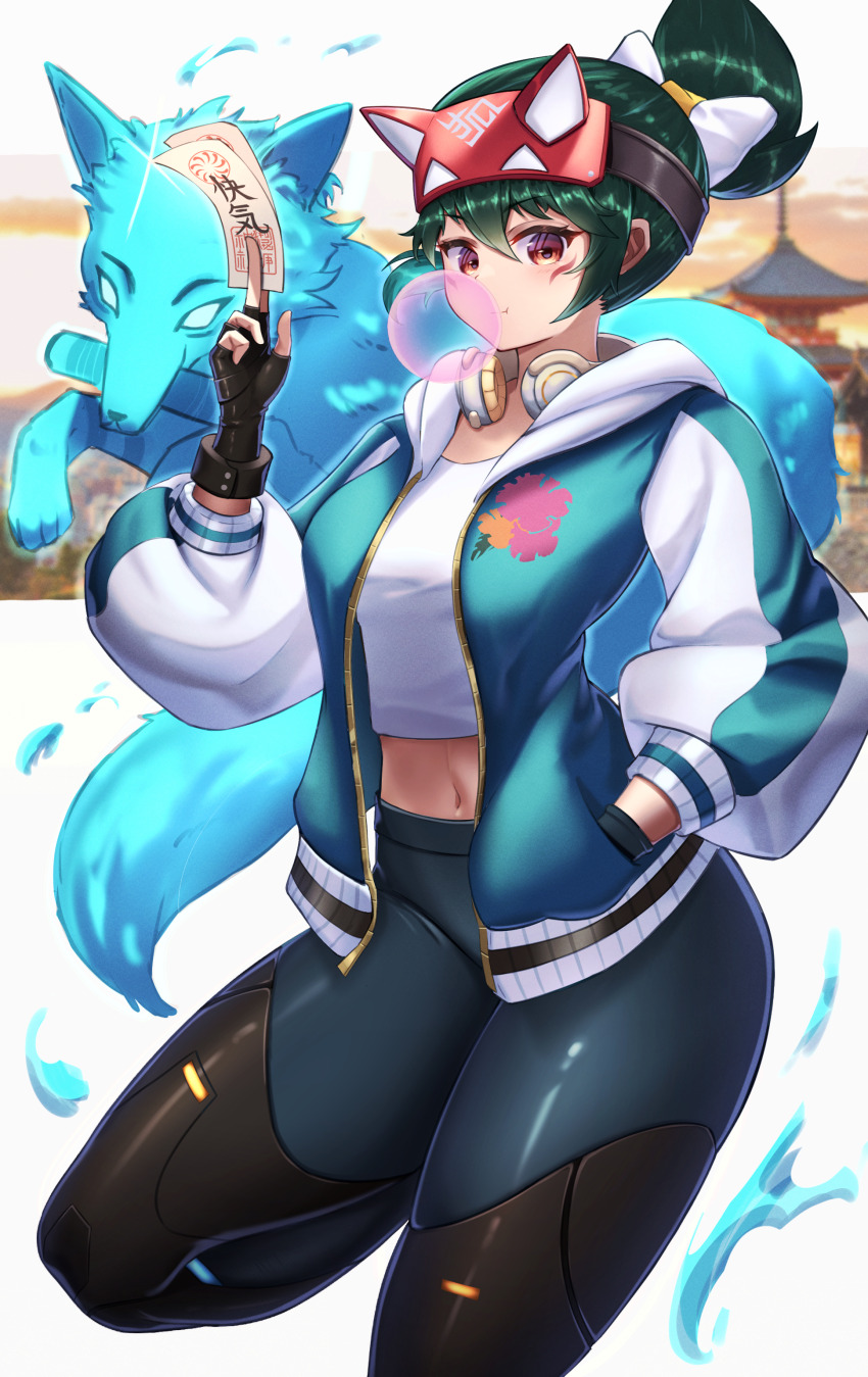 1girl, absurdres, black_gloves, black_pants, blowing_bubble_gum, blue_jacket, blue_pants, breasts