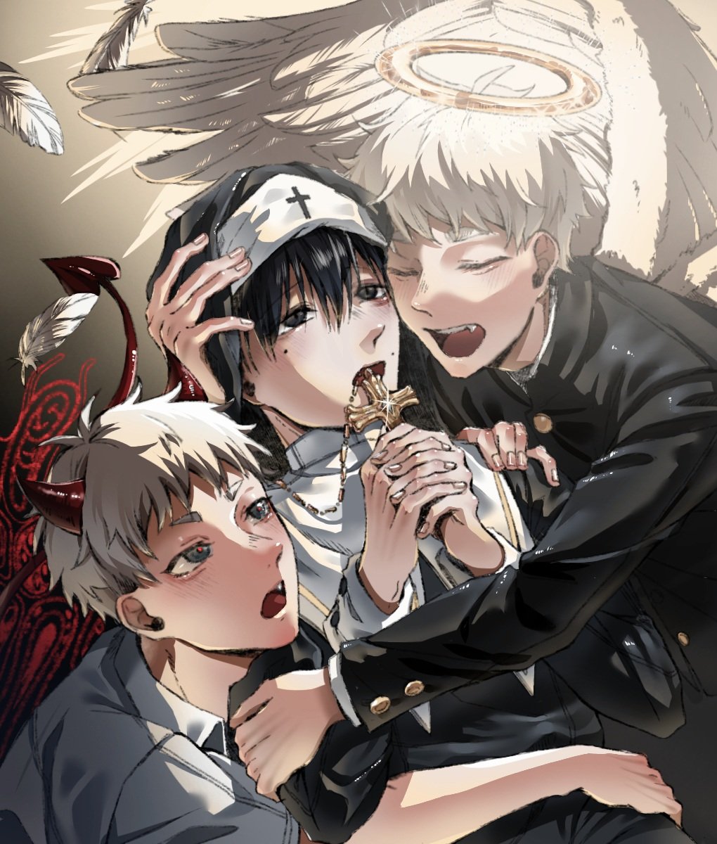 3boys, alternate_costume, angel_and_devil, black_hair, blush, buttons, closed_eyes, collared_shirt