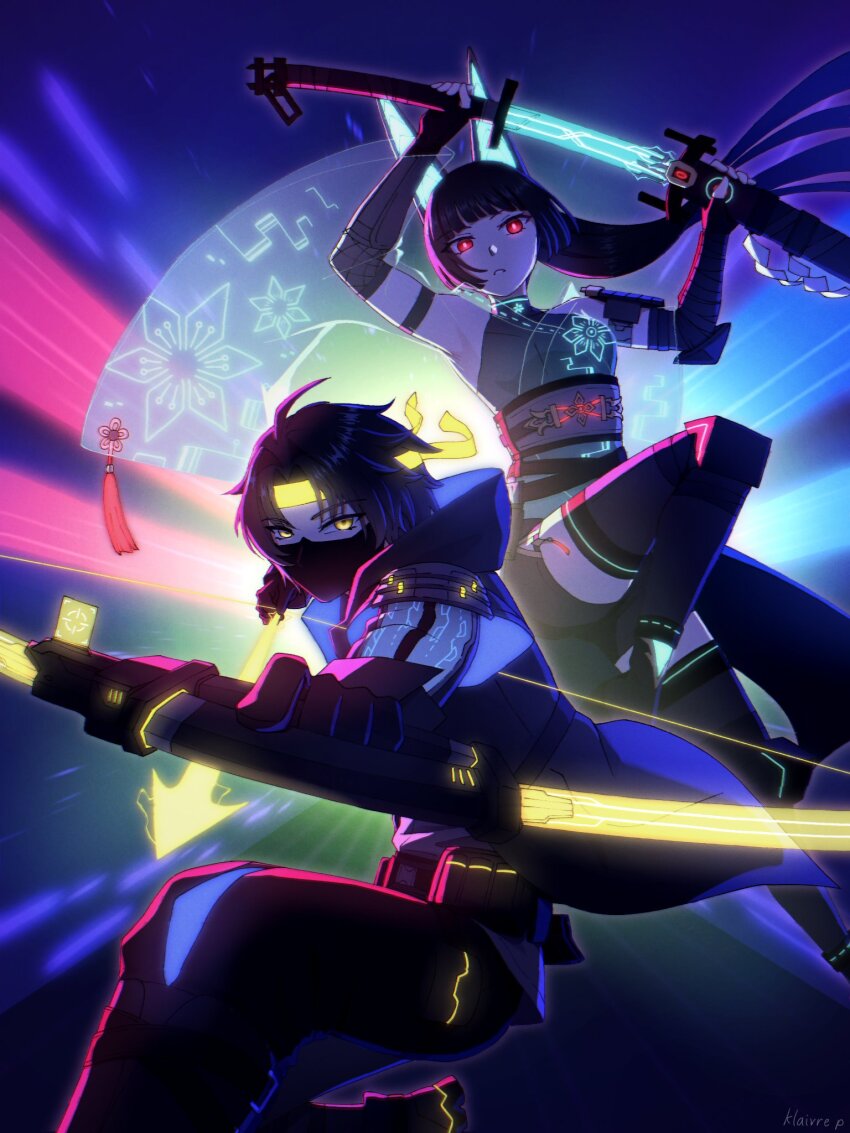 1boy, 1girl, ahoge, alternate_costume, animal_ears, asaba_harumasa, black_hair, bow_(weapon)