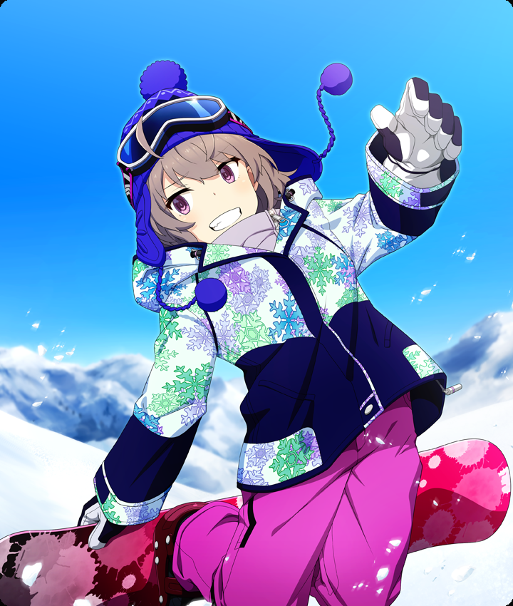 1girl, black_gloves, black_jacket, blue_hat, blue_sky, brown_hair, clear_sky, day