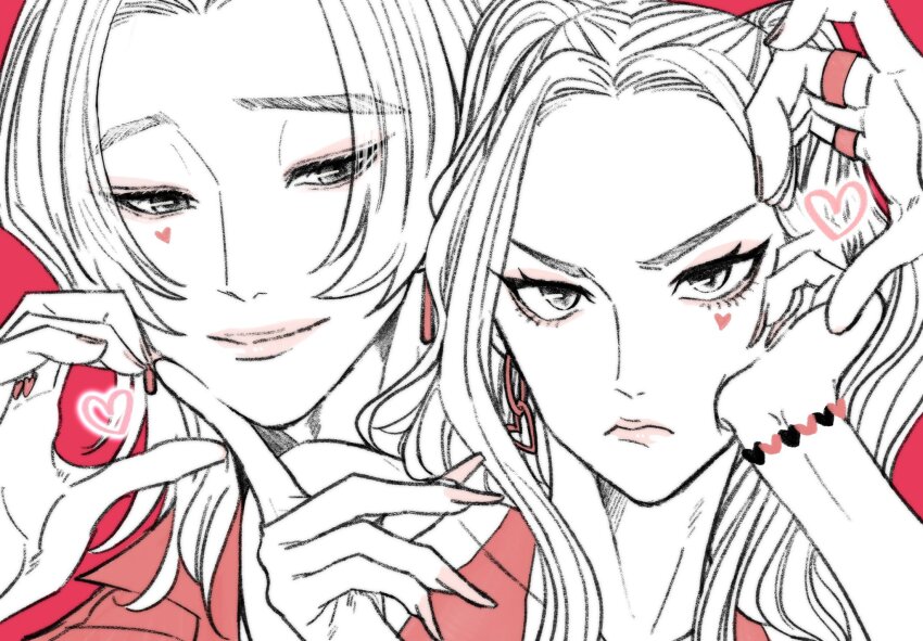 1boy, 1girl, closed_mouth, commentary, earrings, eyeliner, eyeshadow, fingernails