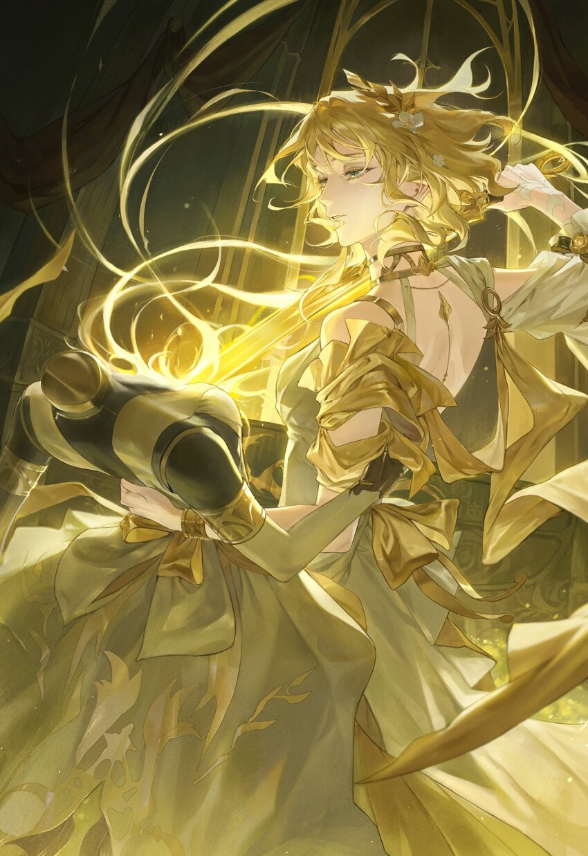 1girl, aglaea_(honkai:_star_rail), blonde_hair, bow, breasts, chhiii_o_o, detached_sleeves, dress