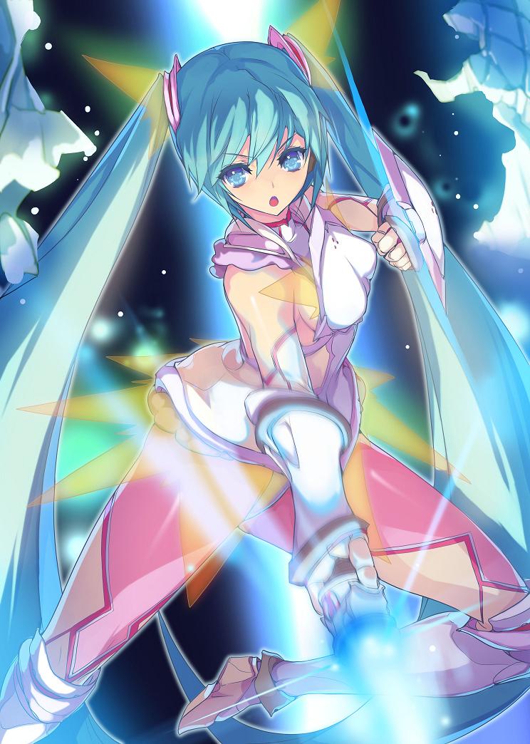 1girl, akaga_hirotaka, alteil, alteil_battle_rpg, alternate_costume, blue_eyes, blue_hair, energy_sword, female_focus, gradient_background, hatsune_miku, long_hair, matching_hair/eyes, official_art, solo, sword, twintails, very_long_hair, vocaloid, weapon