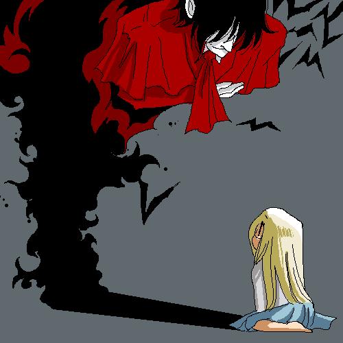 1boy, 1girl, aged_down, alucard_(hellsing), barefoot, bent_over, black_hair, blonde_hair