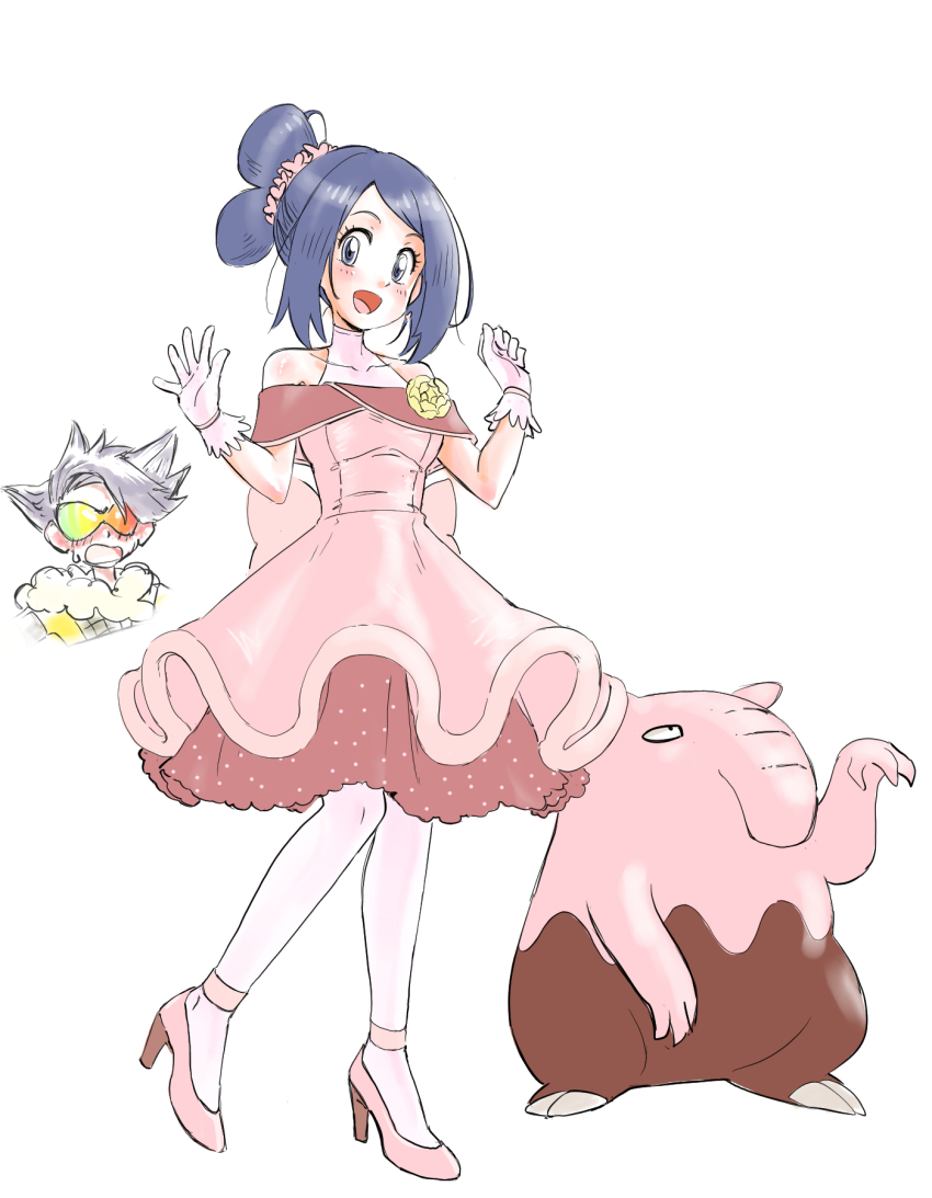 1boy, 1girl, :d, bettie_(pokemon), black_hair, collarbone, commentary_request, dress