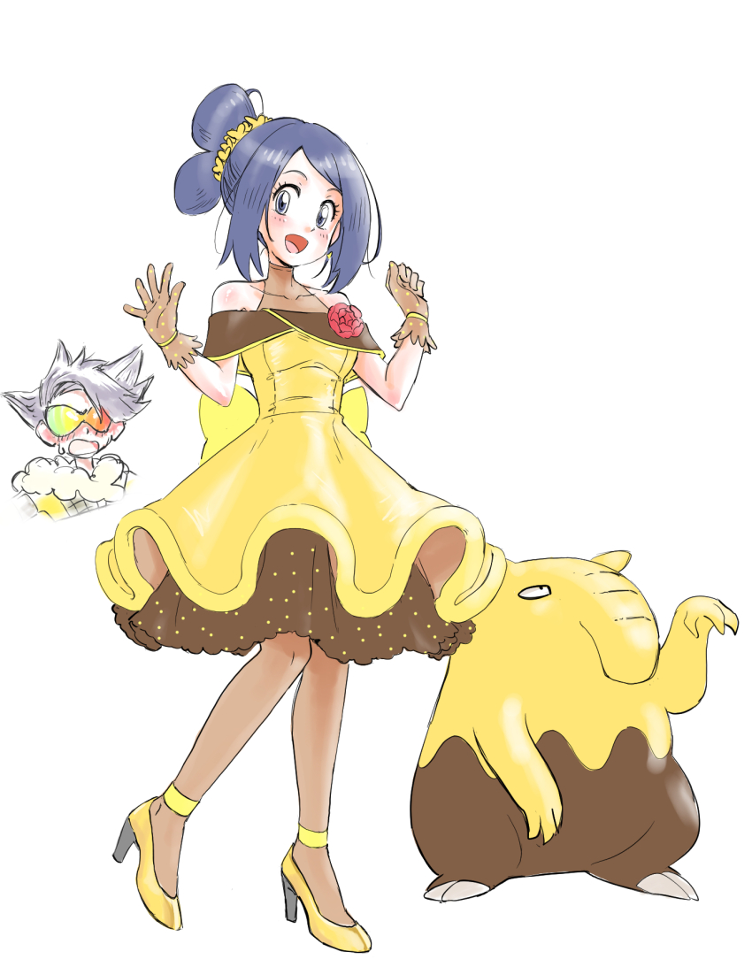 1boy, 1girl, :d, alternate_costume, bettie_(pokemon), black_hair, blush, commentary_request, dress, drowzee, eyelashes, gen_1_pokemon, gloves, grey_eyes, high_heels, highres, lear_(pokemon), nintendo, off-shoulder_dress, off_shoulder, open_mouth, pokemon, pokemon_(creature), pokemon_masters_ex, shoes, sideocks, simple_background, smile, standing, u4_99384295, white_background, yellow_dress, yellow_shoes