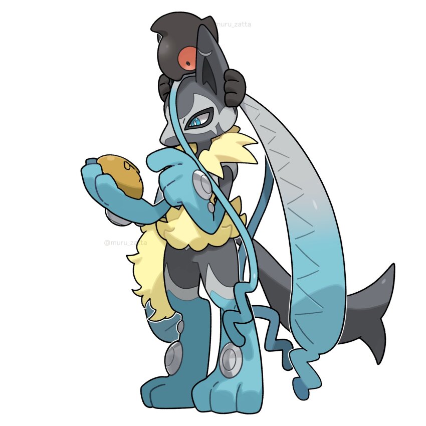 1other, animal_ears, black_fur, blue_eyes, blue_fur, body_fur, colored_sclera, full_body, furry, gen_4_pokemon, gen_5_pokemon, ghost, highres, holding, holding_mask, lucario, mask, mega_lucario_z, mega_pokemon, multicolored_fur, muru_zatta, nintendo, on_head, pokemon, pokemon_(creature), pokemon_focus, pokemon_on_head, red_sclera, simple_background, tail, white_background, yamask, yellow_fur
