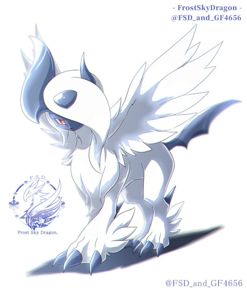 absol, animal_focus, asymmetrical_horns, blue_horns, body_fur, bright_pupils, claws, feathered_wings, fsd_and_gf4656, full_body, gen_3_pokemon, hair_over_one_eye, highres, horns, looking_at_viewer, mega_absol, mega_pokemon, neck_fur, nintendo, no_humans, one_eye_covered, pokemon, pokemon_(creature), pokemon_focus, red_eyes, simple_background, solo, uneven_horns, white_fur, white_hair, white_pupils, white_wings, wings
