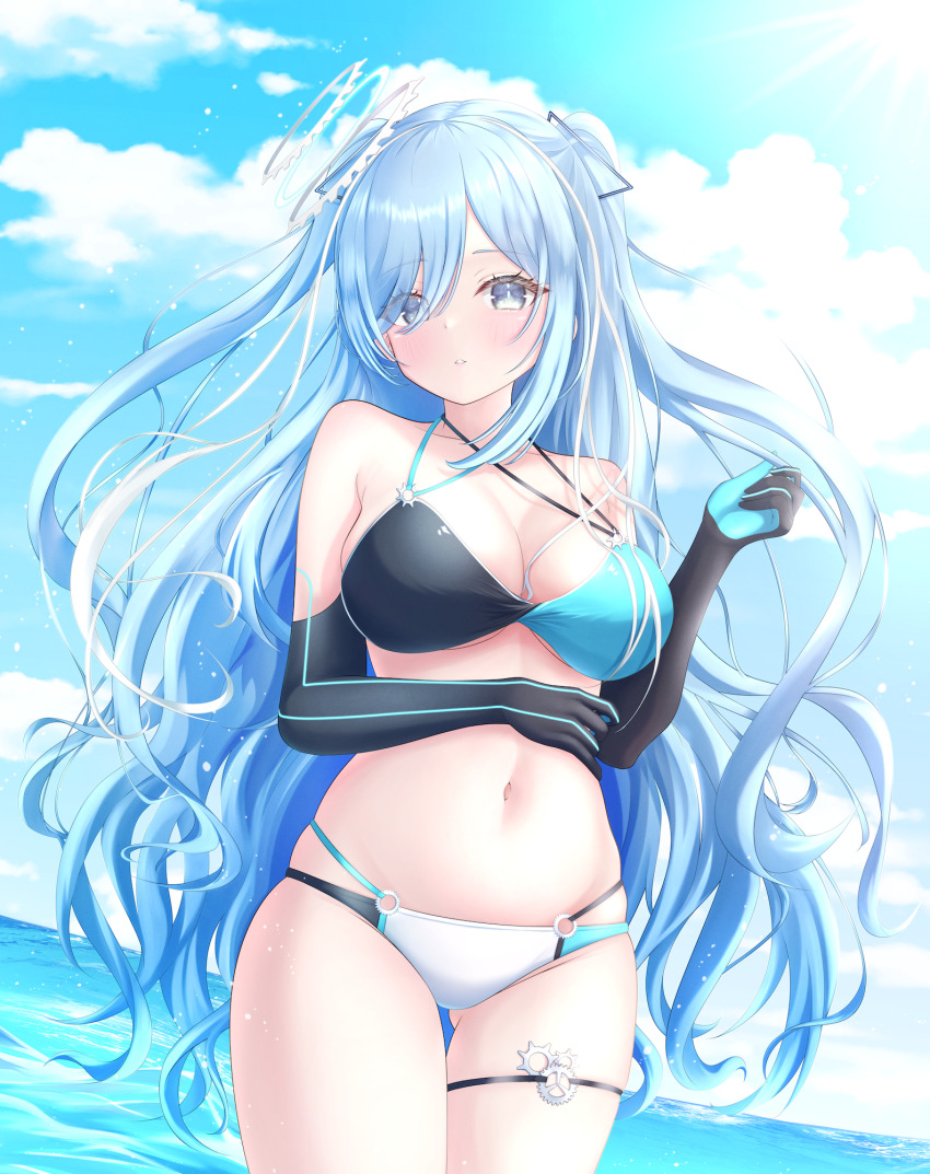 1girl, arm_across_waist, artistic_error, bikini, black_bikini, black_gloves, blue_bikini, blue_gloves