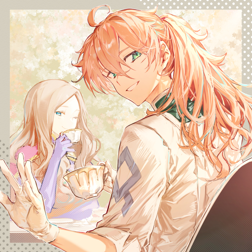 1boy, 1girl, ahoge, aiiro, blue_eyes, blue_gloves, brown_hair, chaldea_logo, coat, commentary_request, cup, elbow_gloves, fate/grand_order, fate_(series), from_behind, gloves, green_coat, green_eyes, hair_between_eyes, hand_up, high_ponytail, highres, holding, holding_cup, lab_coat, leonardo_da_vinci_(caster)_(fate), leonardo_da_vinci_(fate), long_hair, looking_at_viewer, looking_back, multicolored_coat, one_eye_closed, orange_hair, outside_border, parted_hair, ponytail, romani_archaman, sleeves_rolled_up, smile, teacup, textless_version, two-tone_coat, upper_body, waving, white_coat, white_gloves