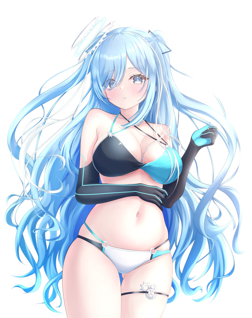 1girl, arm_across_waist, bikini, black_bikini, black_gloves, blue_bikini, blue_gloves, blue_hair, blush, breasts, bright_pupils, colored_eyelashes, cowboy_shot, criss-cross_straps, elbow_gloves, gears, gloves, gluteal_fold, grey_eyes, hair_ornament, hair_over_one_eye, highres, large_breasts, long_hair, looking_at_viewer, miyashun0, multi-strapped_bikini_bottom, multi-strapped_bikini_top, multicolored_gloves, multicolored_hair, multicolored_swimsuit, navel, o-ring, o-ring_bikini, parted_lips, skindentation, solo, spaghetti_strap, stomach, streaked_hair, swimsuit, thigh_strap, toono_oto, transparent_background, two-tone_gloves, two_side_up, varium, very_long_hair, virtual_youtuber, white_bikini, white_hair, white_pupils