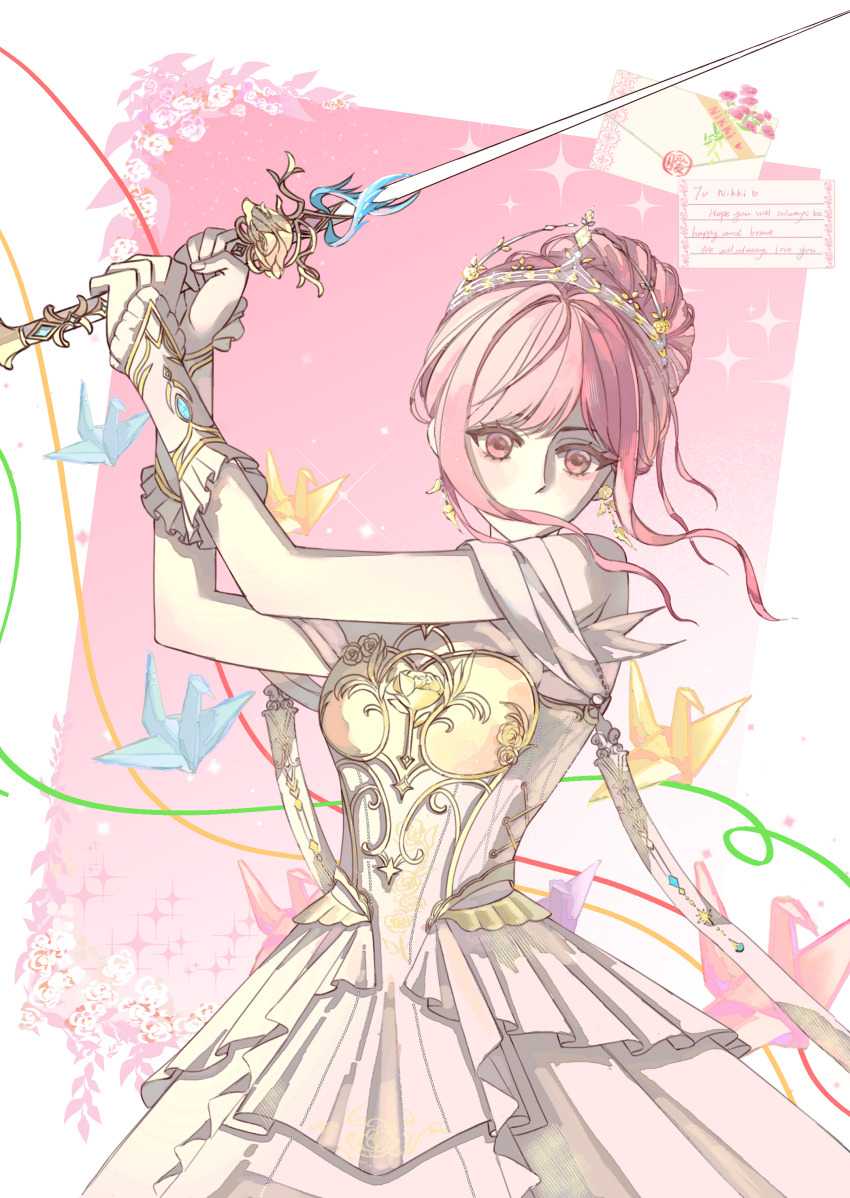 1girl, absurdres, arm_warmers, armor, bare_shoulders, border, breastplate, character_name, chenlanbulan_slan, chinese_commentary, commentary_request, covered_mouth, cowboy_shot, dress, earrings, english_text, envelope, expressionless, feather-trimmed_dress, feather_earrings, feathers, flower, frilled_arm_warmers, frills, hair_bun, highres, holding, holding_sword, holding_weapon, infinity_nikki, jewelry, letter, light_particles, melody_bloom_(infinity_nikki), nikki_(nikki), nikki_(series), off-shoulder_dress, off_shoulder, origami, outside_border, paper_crane, pink_background, pink_flower, pink_hair, pink_rose, pleated_dress, rapier, rose, short_hair_with_long_locks, short_sleeves, sidelocks, single_hair_bun, solo, sparkle, sword, tiara, updo, wavy_hair, wax_seal, weapon, white_arm_warmers, white_border, white_dress